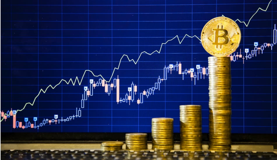 Golden Bitcoins ladder on Forex chart background. Source: Shutterstock