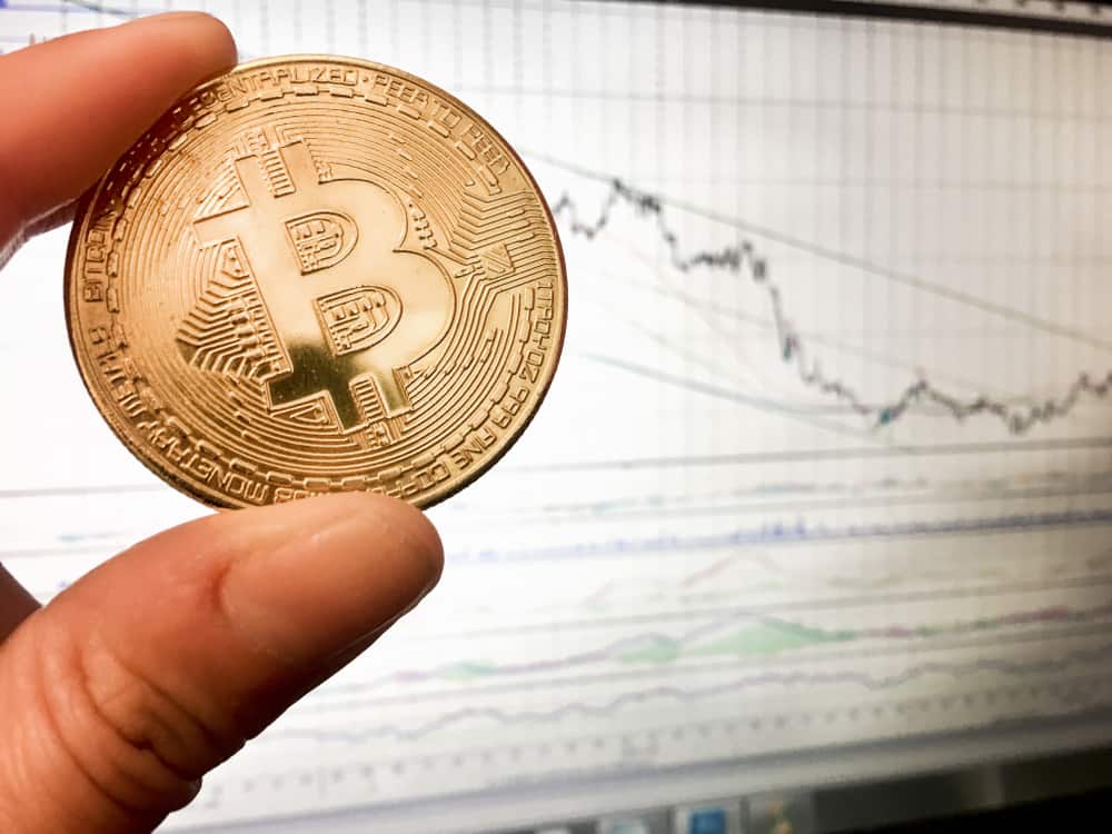 Bitcoin gold coin and defocused chart background. Virtual cryptocurrency concept. Source: shutterstock.com