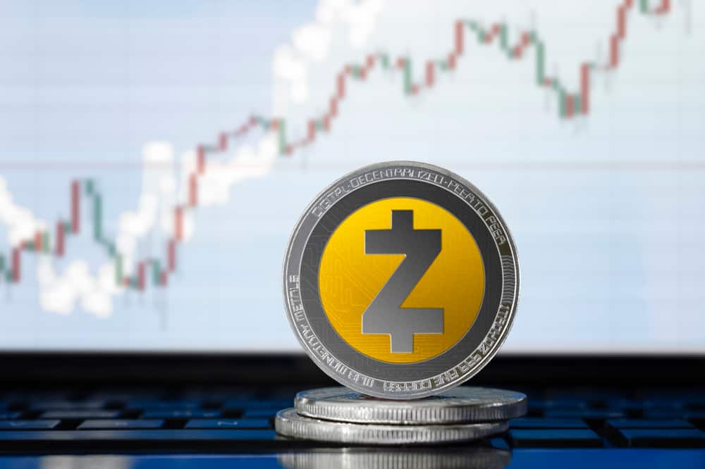 Physical concept Zcash coin on the background of the chart. Source: Shutterstock.com