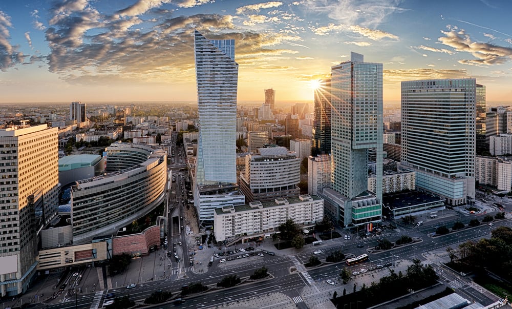Warsaw City with modern skyscraper at sunset. Source: Shutterstock.com