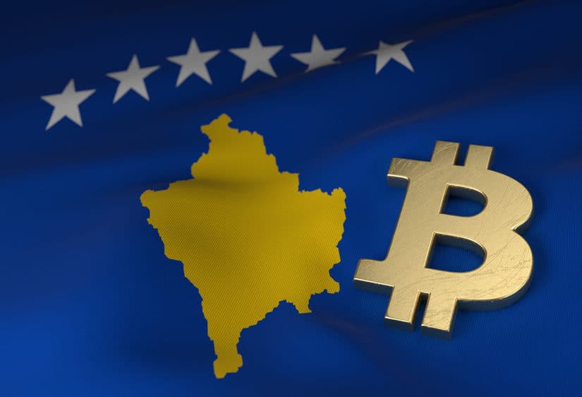 Gold Bitcoin symbol on Kosovo flag. Source: shutterstock.com