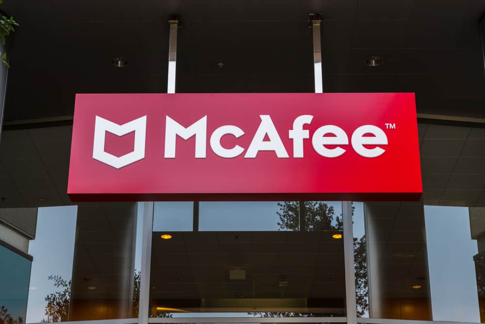 Signage with logo at the Silicon Valley headquarters of virus removal and cybersecurity company McAfee, Santa Clara, California. Source: shutterstock.com