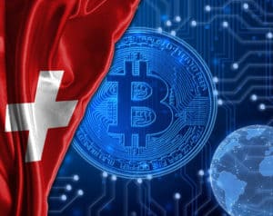 Switzerland flag against Bitcoin background. Source: shutterstock.com