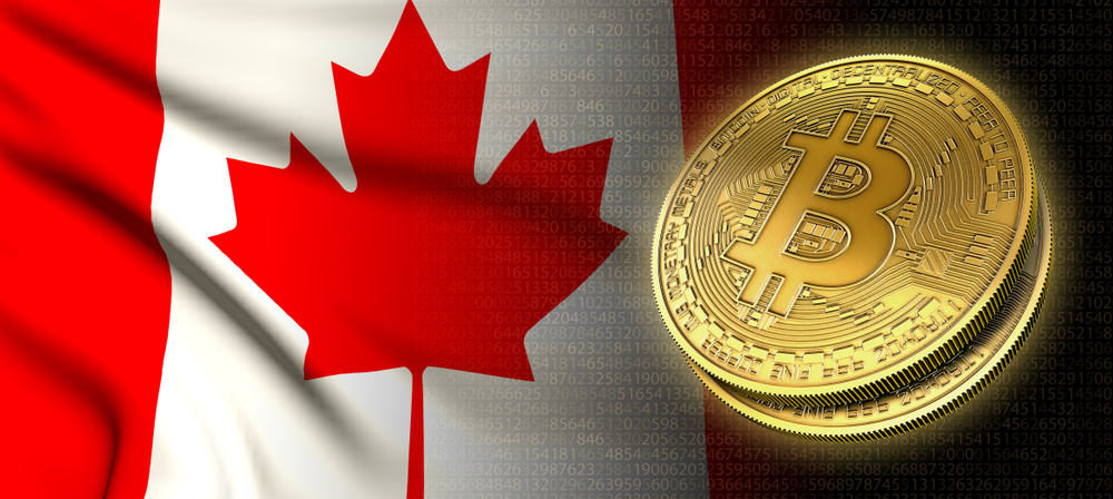 Bitcoins and Canada flag on the background