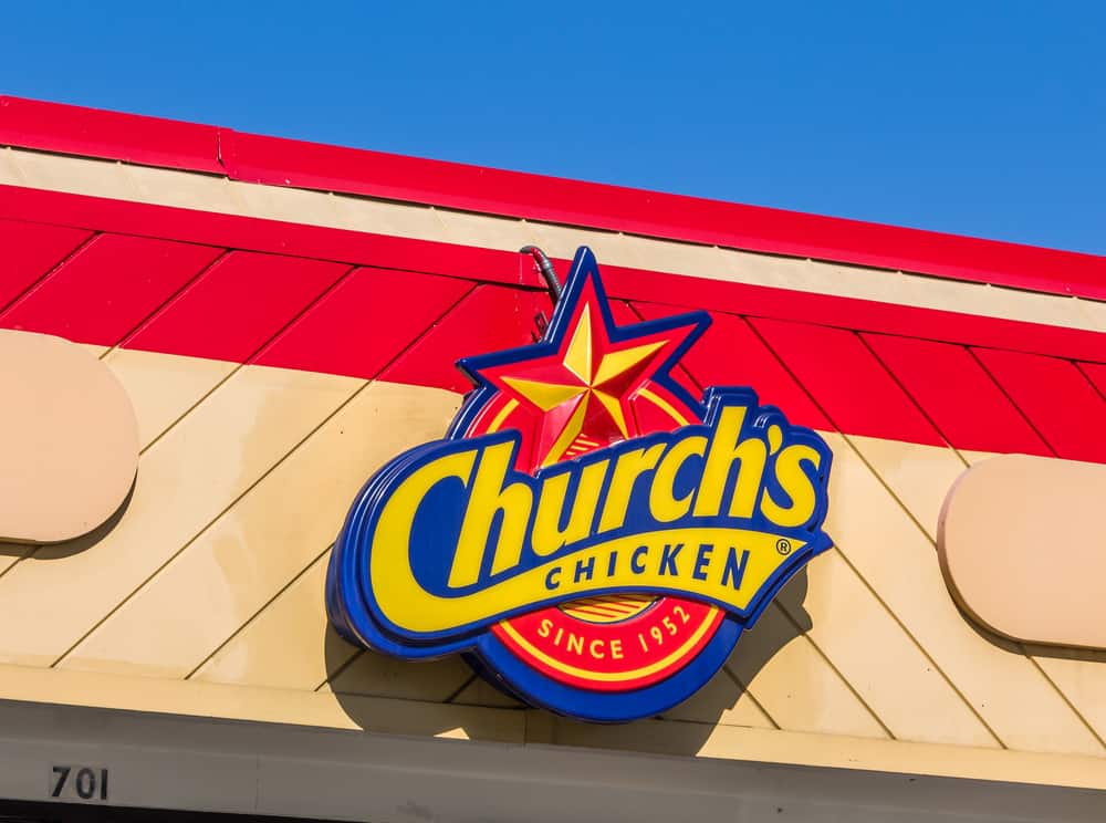 MONROVIA, CAUSA - NOVEMBER 22, 2015 24 Church's Chicken exterior and logo. 2Church's Chicken is a chain of fast food restaurants specializing in fried chicken. - Image