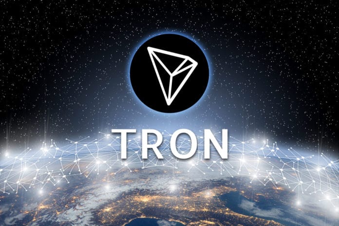 Concept of TRON coin floating over world network, a Cryptocurrency blockchain platform , Digital money - Image