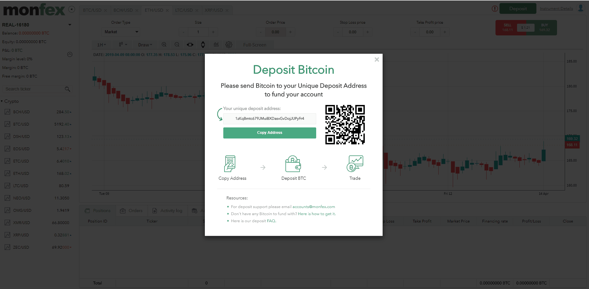 It’s very simple to deposit BTC to your trading account on Monfex.