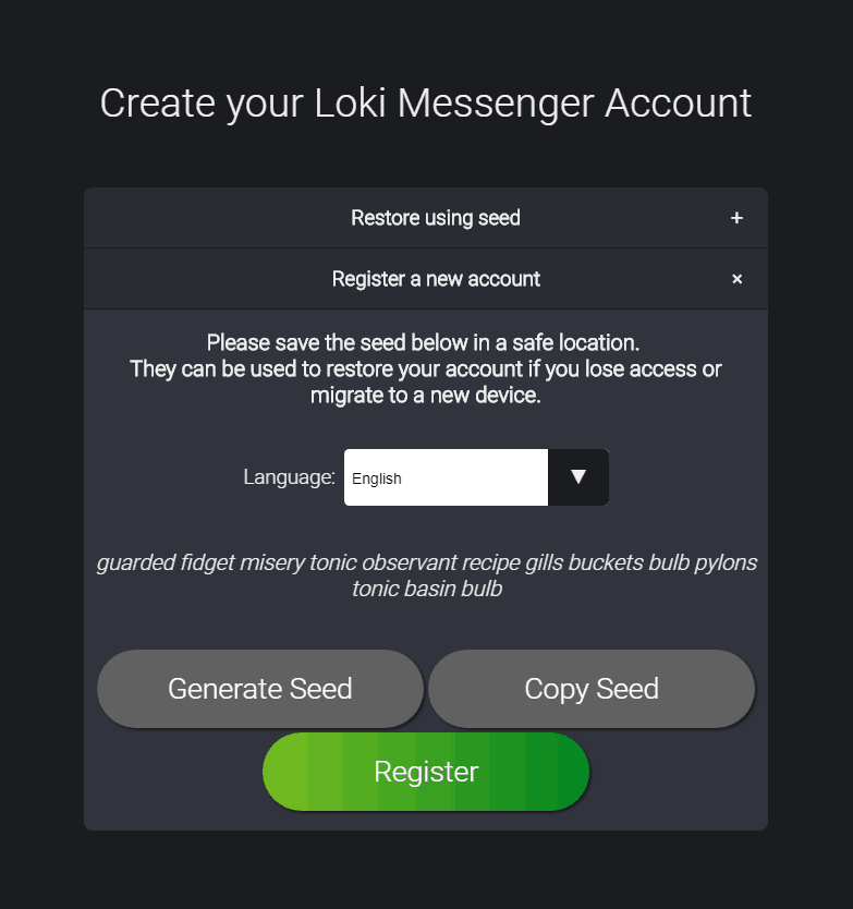Loki Messenger initial Registration Screen e1570385822690